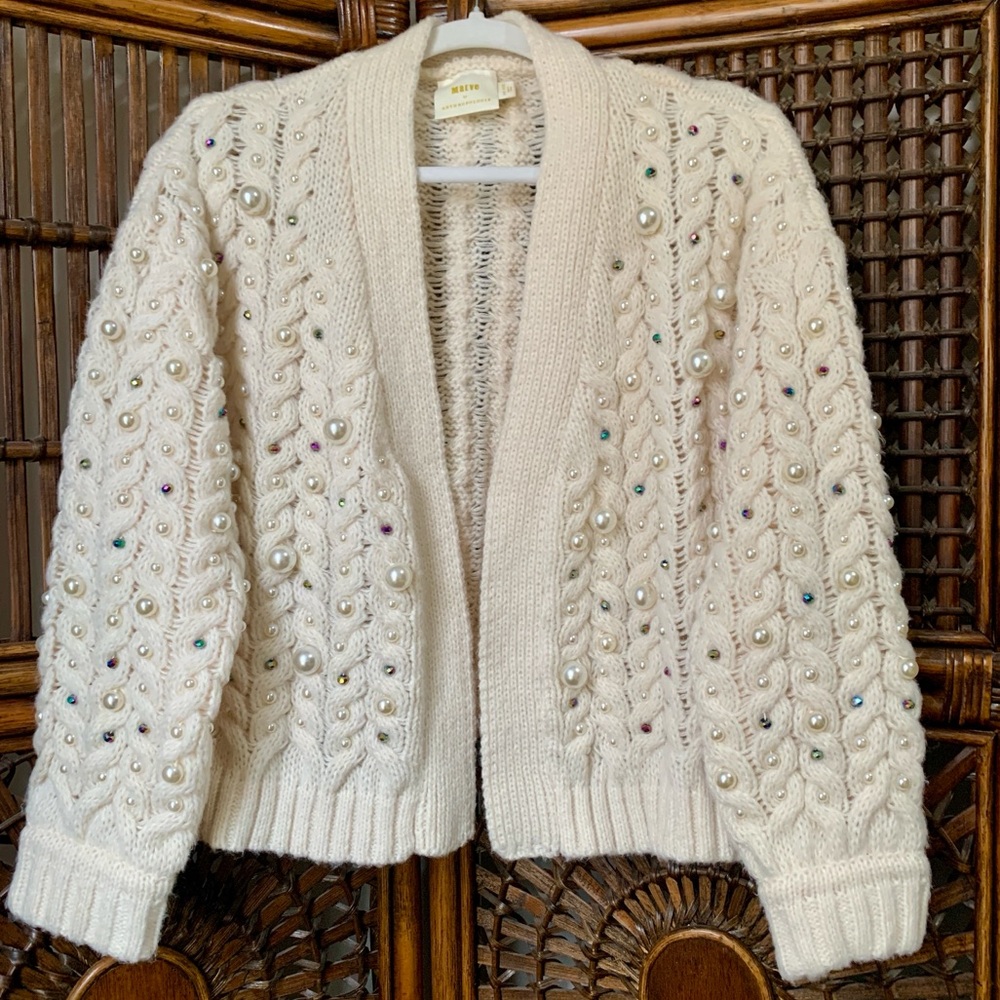 Maeve Anthropologie Party Pearl Embellished Knit Open Cardigan - Picture 2 of 16